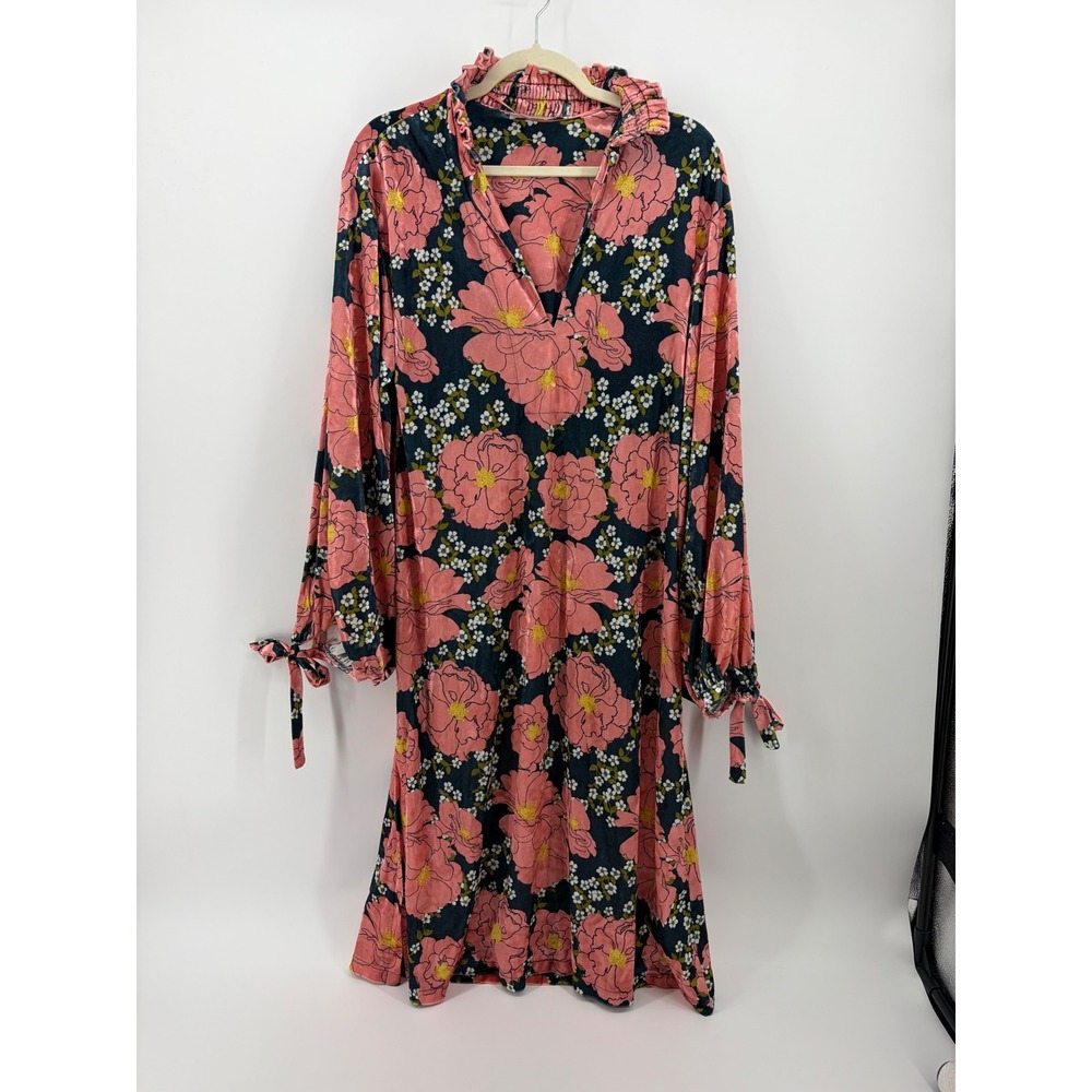 Zara Womens Small Pink Floral Velvet Midi Dress Ruffle Neck Balloon Sleeve